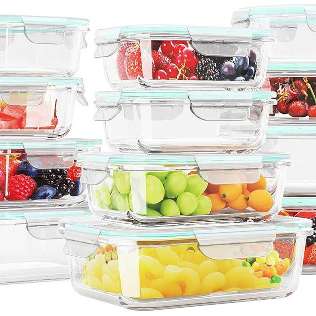 HOMBERKING 12 Sets Glass Food Storage Containers with Lids, Glass Meal Prep Containers, Airtight Glass Bento Boxes, BPA Free & Leak Proof, Pantry Kitchen Storage(12 lids & 12 Containers) - Blue