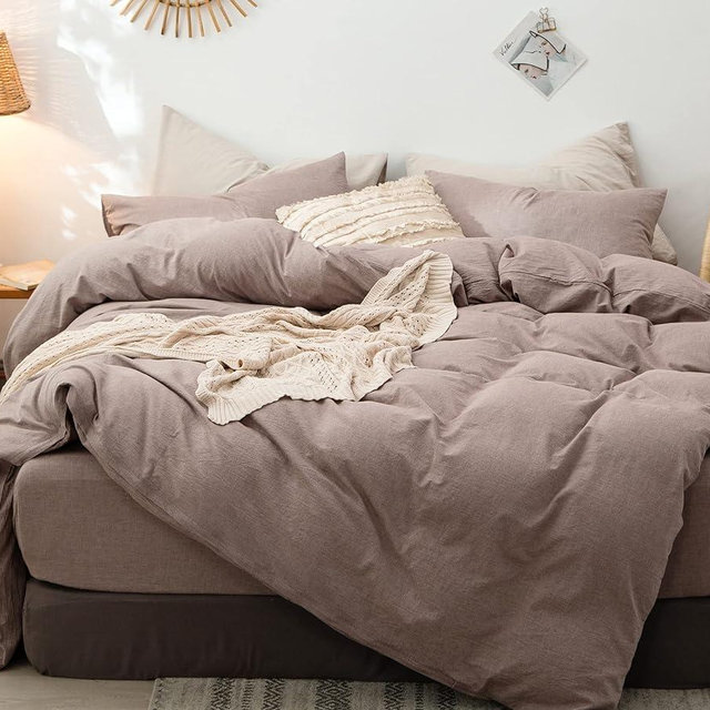 MooMee Bedding Duvet Cover Set 100% Washed Cotton Linen Like Textured Breathable Durable Soft Comfy (Mauve Brown, Oversized King)
