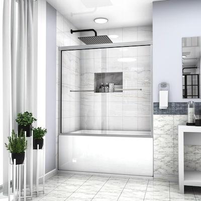 Semi-frameless Sliding Brushed Soft Close Alcove Bathtub Door (Clear Glass)