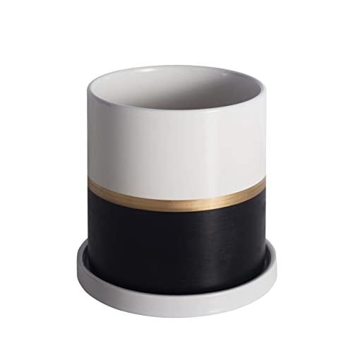 Ekirlin 8 inch Flower Plant Pot Indoor - Ceramic Garden Planter with Drain Hole Saucer, Modern Succulents Containers for Home Decor & Office Decoration (Black, 8 inch)