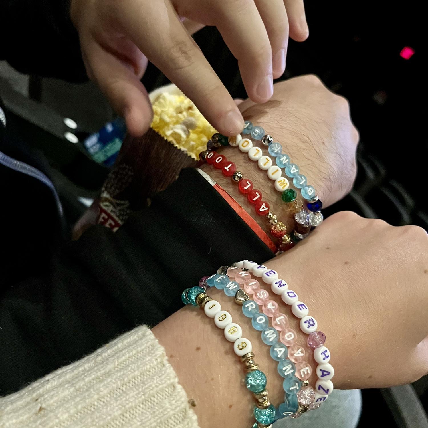 Eras Tour fun at the movies, thanks to the awesome bracelets Rachel made for us!