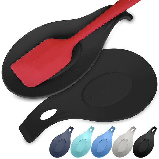 BLACK Silicone Spoon Rest for Stove Top Set of 2 – HEAT RESISTANT DISHWASHER SAFE Kitchen Utensil Holder for LARGE Utensils - Won’t Break - Non-Slip - Ideal for Induction Cooktops - for Home Cooks