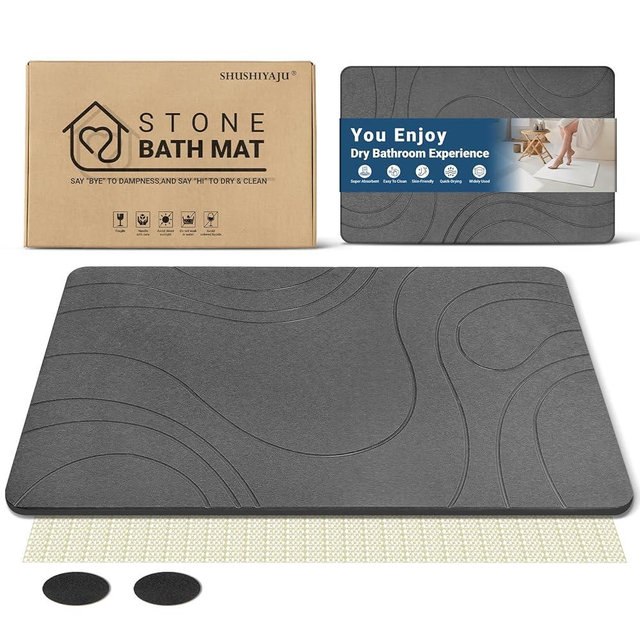 Stone Bath Mat Quick Drying Absorbent Shower Mat Diatomaceous Earth Pad Bathroom Floor Bathtub Pad Non-Slip Easy to Clean Bathroom Essentials (Flow Line-Darkgray)