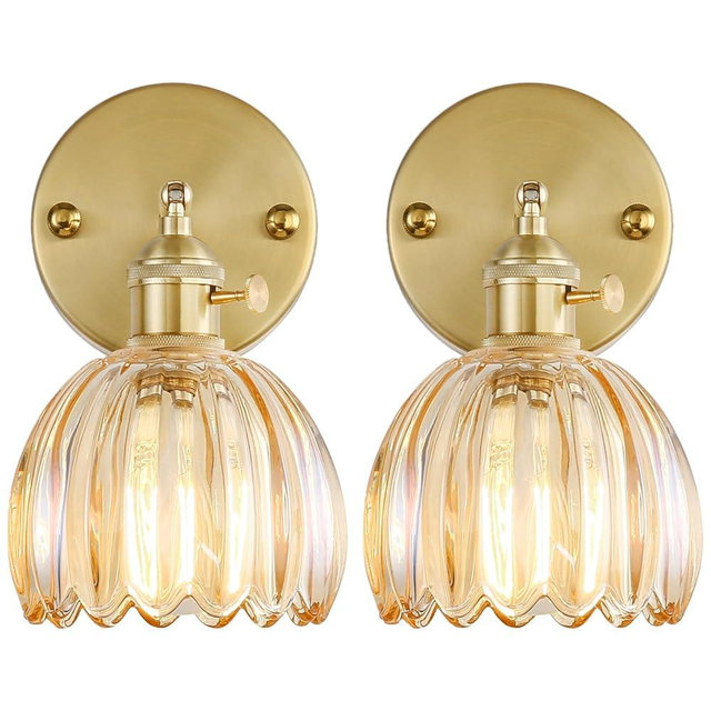 Capslpad Wall Sconces Set of Two Vintage Amber Tulip Glass Lampshade Swing Arm 180 Degree Adjustable Indoor Retro Wall Light Fixtures for Bedroom Bathroom Doorway Vanity Entryway Living Room, Amber