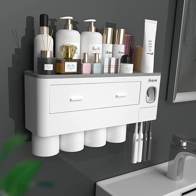 iHave Toothbrush Holder, Multifunction Toothbrush Holder Wall Mounted for Bathroom with Toothpaste Dispenser, Large Capacity Tray, 2 Cosmetic Drawer, 4 Cups, 7 Brush Slots