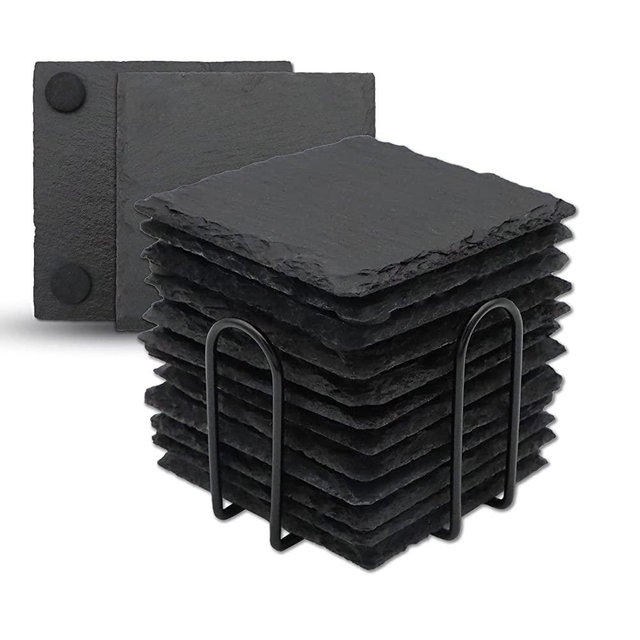12 Pack Drink Coasters with Holder, VIBRATITE 4 Inch Black Slate Stone with Anti-Scratch Bottom for Bar Kitchen Home Decor, Square