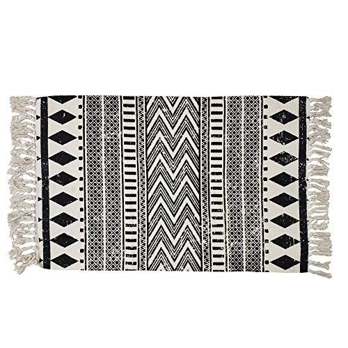 USTIDE Cotton Braided Black&Cream Bohemian Rag Rug Washable Decorative Porch Doormat Hand Woven Tassel Rug Christmas Carpet, 2’×3’