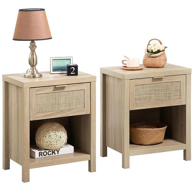 SICOTAS Rattan Nightstands Set of 2, Farmhouse Night Stands with Drawer Bedside Table - Boho End Table Side Table Accent Table for Bedroom Living Room, Light Oak Wood
