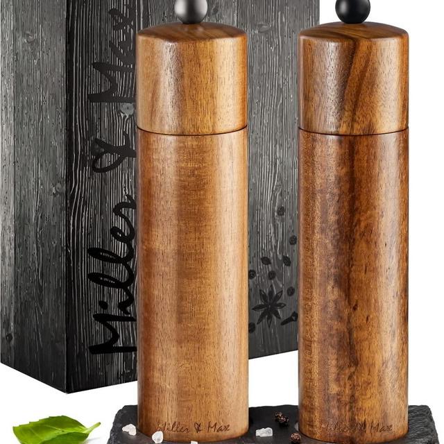 Miller Max Wooden Salt and Pepper Grinder Set Acacia Mills, 8 inches Adjustable