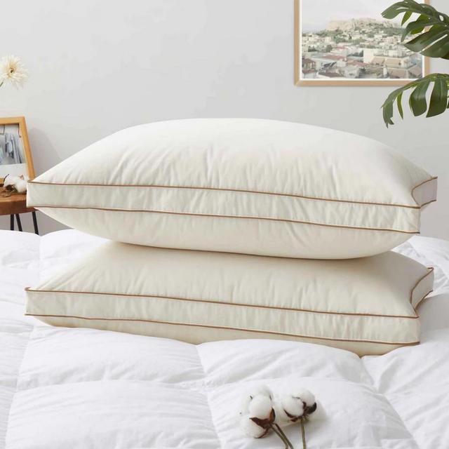2 Pack Organic Cotton Down Feather Pillows for Back and Side Sleepers, Pillow-in-a-pillow design, 300 TC, 100% Cotton Fabric