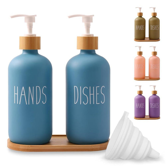 Loochica 2 Pack Blue Glass Soap Dispenser Set with Tray, Hand and Dish Glass Soap Dispensers for Kitchen Sink, Kitchen Soap Dispenser Set Suitable for Kitchen Décor