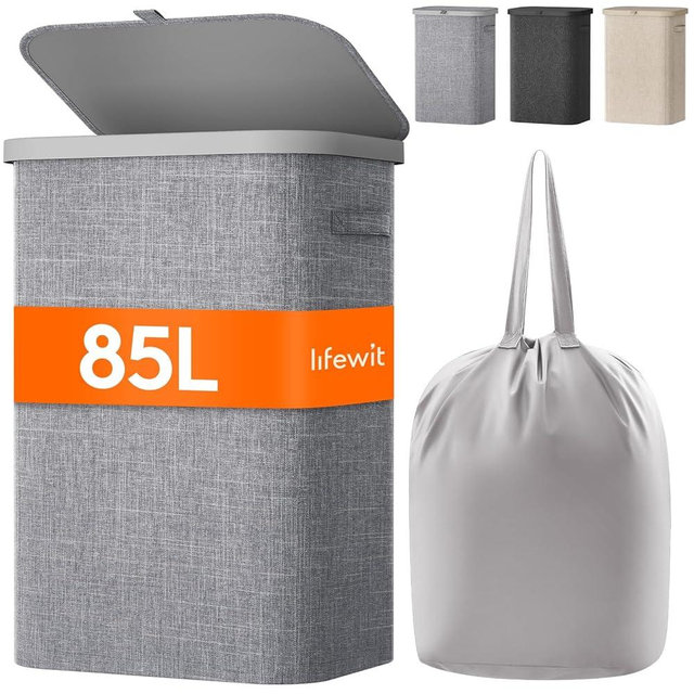 Lifewit 85L Laundry Basket with Lid, Large Laundry Hamper with Plastic Handles and Removable Bag, Foldable Tall Dirty Clothes Hampers for Laundry for Laundry Room, Bedroom, Bathroom, Dorm, Light Gray
