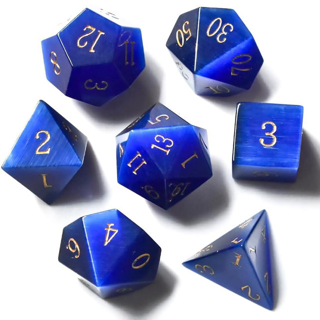 Natural Gemstone DND Dice Set,7 Pcs Blue Cat's Eye Gemstone Handmade Polyhedral D&D Dice with Gift Metal Box for Dungeons and Dragons MTG Role Playing Games (Blue Cat's Eye Gemstone)