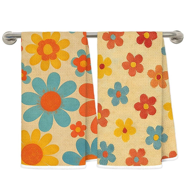 FRZSDVHNM Retro 70s Floral Kitchen Towels, Boho Groovy Hippie Daisy Flower Decorative Dish Tea Hand Towels for Kitchen Bathroom, Boho Bathroom Decor, 16x24 Inches Set of 2