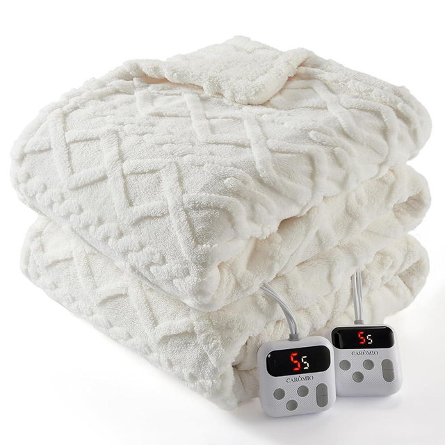 CAROMIO Electric Blanket King Size Dual Control - Thick Tufted Sherpa Heated Blanket with 10 Heating Levels and 10 Time Settings, ETL Certified Fast Heating Blankets King Size 90"×100", White