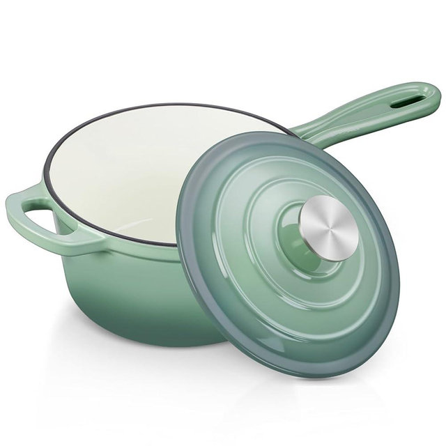 2 Quart Saucepan with Lid, Leonyo Enameled Cast Iron Sauce Pan, Enamel Dutch Oven Kitchen Cookware for All Cooktops Making Pasta Sauce, Oatmeal - Up to 500°F & 6.7Lbs, Pistachio Green