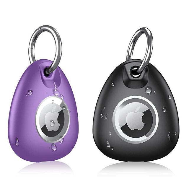 2 Pack Waterproof Air Tag Keychain Case for Apple Airtags Holder,Full-Body Shockproof,Anti-Scratch,Soft,Light Weight,Easy Installation(Black+Purple)