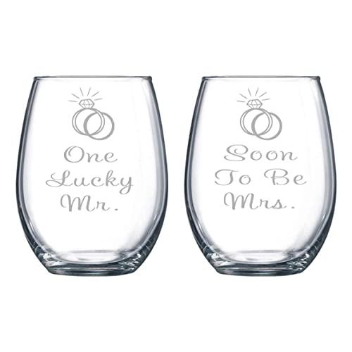 C M One Lucky Mr. and Soon To Be Mrs. Etched 15 oz. Stemless Wine Glasses Set - Engagement Gift Set