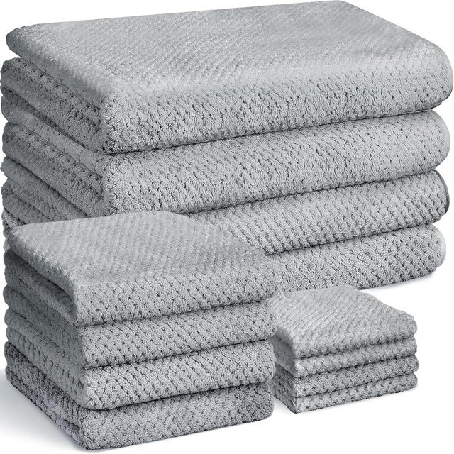 Preboun 12 Pcs Towels and Washcloths Sets Bath Towel Set Include 4 Bath Towels 4 Hand Towels 4 Washcloths, Quick Dry Coral Velvet Highly Absorbent Bathroom Towel Set for Shower Spa Hotel (Light Gray)
