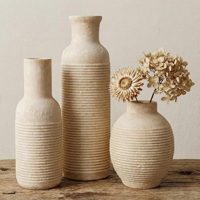 Rustic Farmhouse Vase Set of 3 - Ceramic Decorative Vases Home Decor - Pampas Grass Dried Fresh Flowers - for Centerpiece, Table, Mantel Entryway, Living Room, Kitchen, Bedroom (White2)