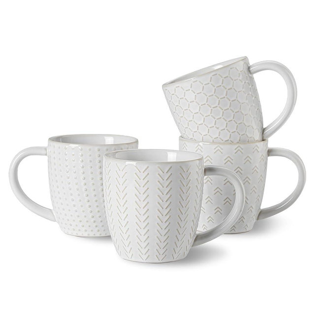 Lareina Coffee Mug Set of 4, 12 oz Ceramic Embossment Mug Set for Latte, Hot Tea, Cappuccino, Mocha, Cocoa, Handcrafted Mug Gift Set, Housewarming Wedding Gift, White