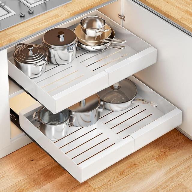 Pull out Cabinet Organizer,Expandable(11.7"-19.7") Slide out Drawer Fixed with Adhesive Film for Pot and Pan, Adjustable Sliding Peel and Stick Under Sink Storage Shelf Pantry Home Kitchen, No Screw