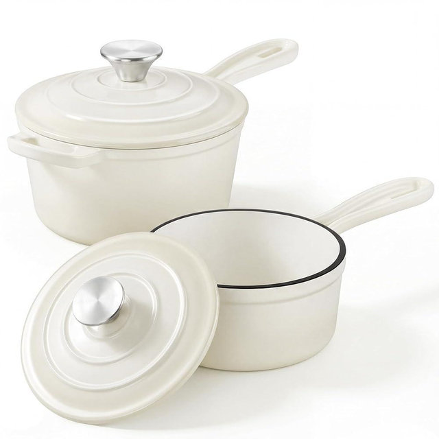 2 Pcs Enameled Sauce Pan with Lid, Leonyo 1 Qt & 2 Qt Cast Iron Saucepan Set, Small Bread Dutch Oven Pots for All Kitchen Cooktops Cooking Pasta, Milk, Soup - Up to 500°F, Cream White