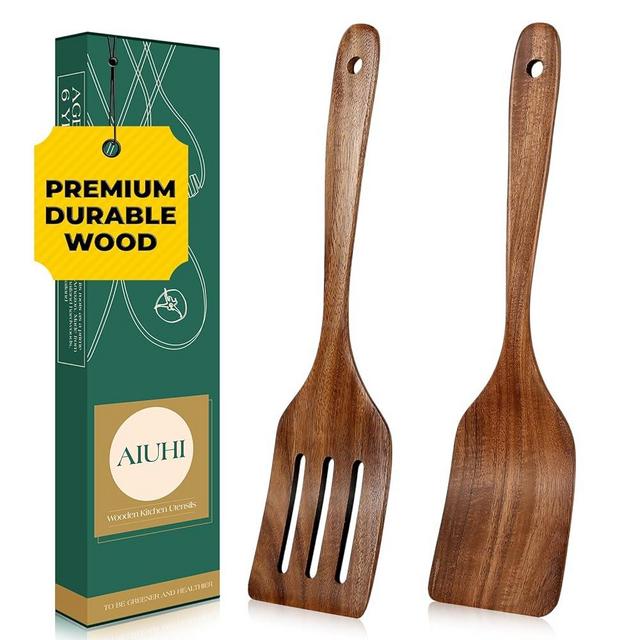 AIUHI Teak Wood Spatula for Cooking, Durable Flat Turner and Slotted Spatula for Nonstick Cookware, Long Handle Natural Wooden Cooking Utensils, 2PCS
