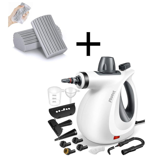Handheld Multi-Surface Natural Steam Cleaner for Home with 12 pcs Accessories Together with 2-Pack Damp Clean Duster Sponge