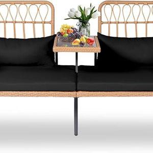 PROHIKER Patio Furniture Outdoor Rattan Loveseat 2-Seat with Built-in Table, Lumbar Pillows and Cushions, All-Weather Wicker Loveseat Porch Chairs for Balcony, Lawn, Backyard