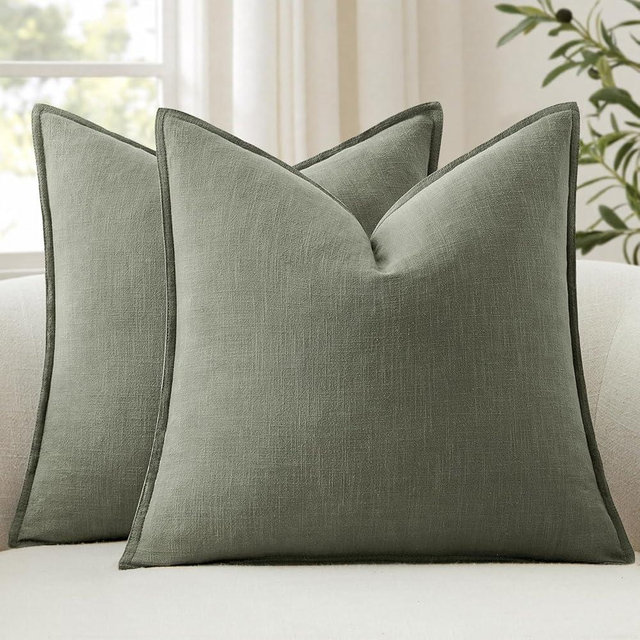 ANRODUO Pack of 2 Decorative Linen Pillow Covers Olive Green Neutral Farmhouse Boho Soild Cushion Case Soft Accent Pillowcase for Couch Sofa Bedroom Living Room Summer Home Decor 20 x 20 Inch