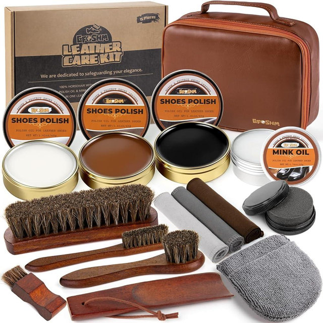 Shoe Shine Kit – 15-in-1 Leather Shoe Polish & Care Set with Black Brown Neutral Shoe Polish, Mink Oil, 4 Horsehair Brushes, 3 Cloths Sponge Boot Cleaning Kit Father Day Mens Gifts Luxury Leather Case