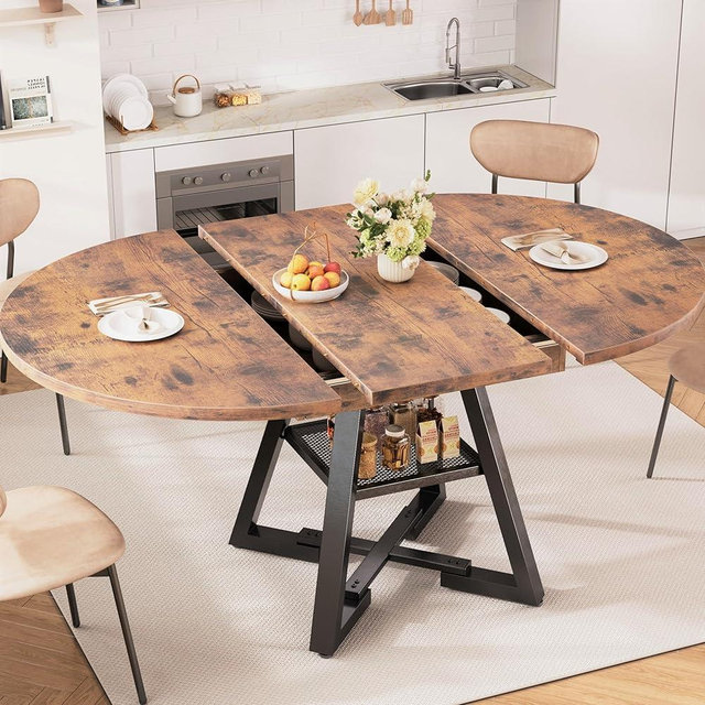 Jocoevol Round Dining Table Kitchen Dining Room Dinner Table for 4-6, Space Saving Extendable Oval Circle Furniture with Pedestal Base and Storage Shelf for Kitchen Living Room (Vintage, for 4-6)