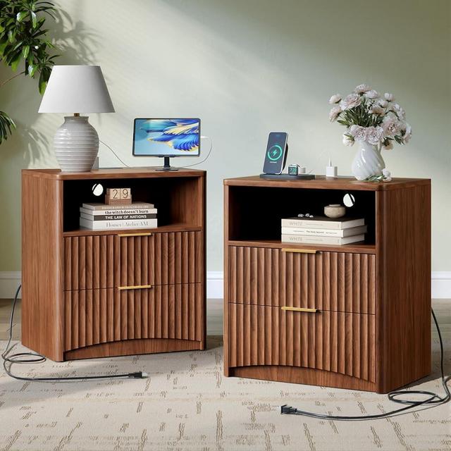 Evermagin Fluted Nightstand Set of 2 with Charging Station, Walnut Bedside Table with 2 Drawers, Wood End Table with Storage Mid Century Modern, Large Night Stand for Bedroom