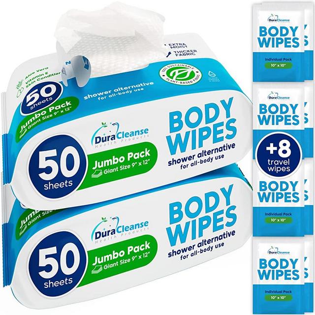 XL Body Wipes (100 Count) + 8 Travel Bath Wipes - 9" x 12" No Rinse Thick Shower Bathing Wipes, Cleansing Disposable Washcloths for Adults with Aloe Vera & Vitamin E for Camping, Elderly Incontinence