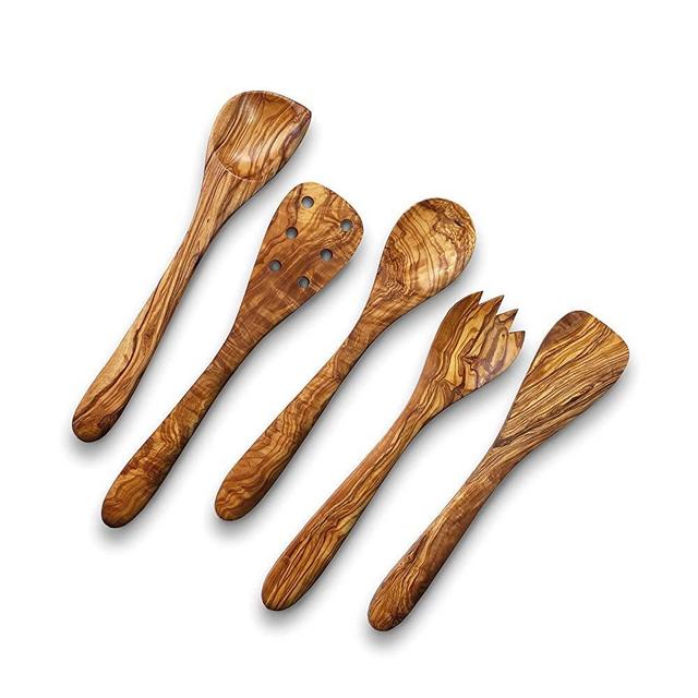 Olive Wood Utensils – Wooden Cooking, Serving, & Mixing Set – Corner Spoon + Spatulas + Salad Fork & Spoon – 100% Natural Hand Carved Olive Wood – 5 Pcs Non-Toxic Kitchen Utensil Set – 12"