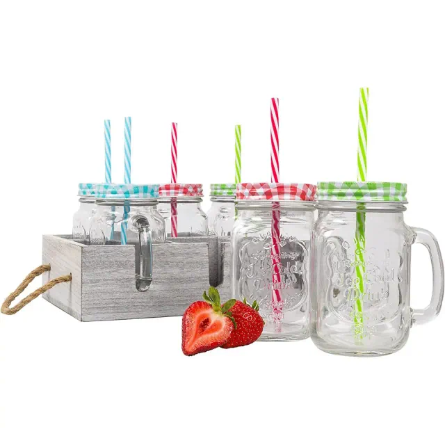 Deco Glass Drinking Mason Jar Cups with Handle & Wooden Carrier with Reusable Straws Lids & Handles Set of 6 16oz