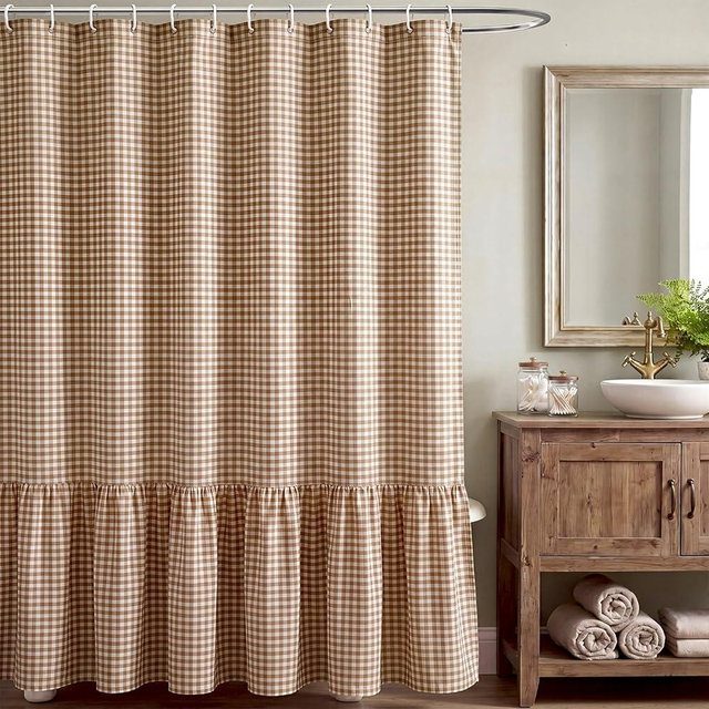 HunnmingRe Ruffle Hem Gingham Shower Curtain 72 x 72 Inch Taupe Cotton Vintage Farmhouse Rural Plaid Shower Curtain with 12 Hooks for Bathroom Bathtubs Decor