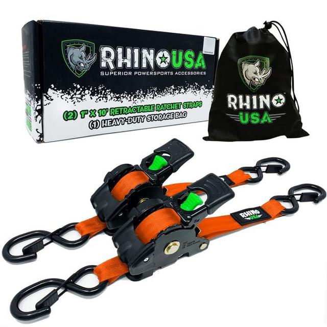 Rhino USA Retractable Ratchet Tie Down Straps (2PK) - 3,033lb Guaranteed Max Break Strength, Includes (2) Ultimate 2" x 10' Autoretract Tie Downs with Padded Handles