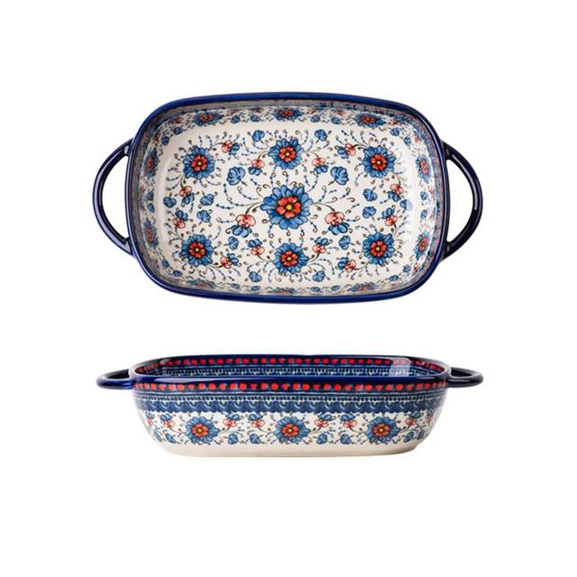 Bicuzat Blue and Orange Flower Vintage Style Ceramic Bakeware Casserole Dish Baking Pan Lasagna Pans Baking Dish with Handles for for Oven/Cooking/Kitchen-1 Pack-24 OZ