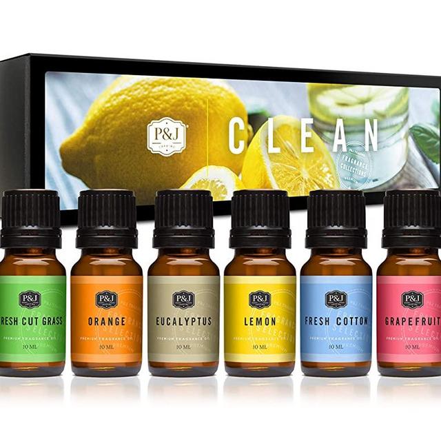 Clean Set of 6 Premium Grade Fragrance Oils - Fresh Cotton, Lemon, Orange, Grapefruit, Fresh Cut Grass, Eucalyptus - 10ml