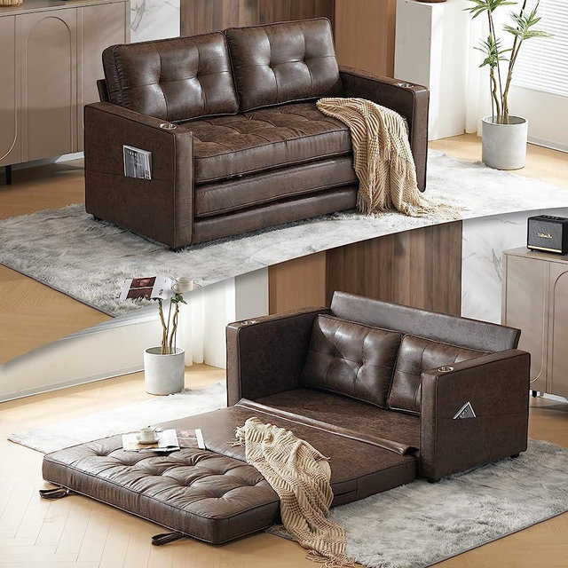 VINGLI Upgraded 64" W 84" L Full Size Futon Sofa Bed, 6" Thick Upholstery Rustic Microfiber Loveseat Sofa Sleeper Pull Out Couch,Convertible Floor Couch for Living Room, Bedroom, Entertainment Room