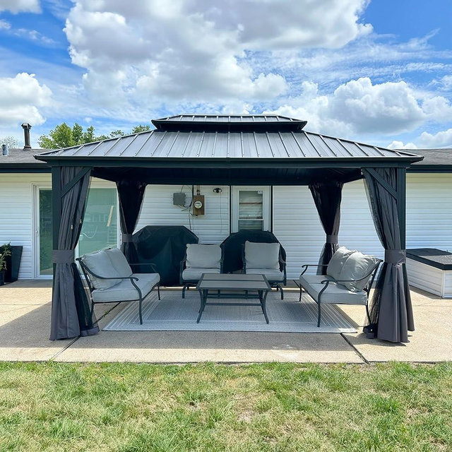 PURPLE LEAF 10' X 14' Outdoor Gazebo with Dual-Layer Galvanized Steel Double Roof for Patio Lawn Garden Aluminum Gazebo with Netting and Curtains Grey