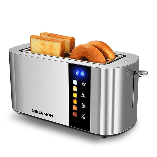 4 Slice Toaster, NIKLEMON Full Stainless Steel Toaster with LED Display, Touch Buttons with Long Extra Wide Slots, Bagel, Defrost, Reheat, Cancel Functions, Removable Crumb Tray, 1300W