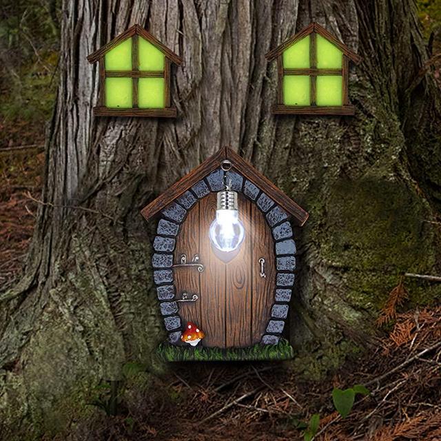 Juegoal Fairy Gnome Home Miniature Window and Door with Litter lamp for Trees Decoration, Glow in Dark Fairies Sleeping Door and Windows, Yard Art Garden Sculpture, Lawn Ornament Décor