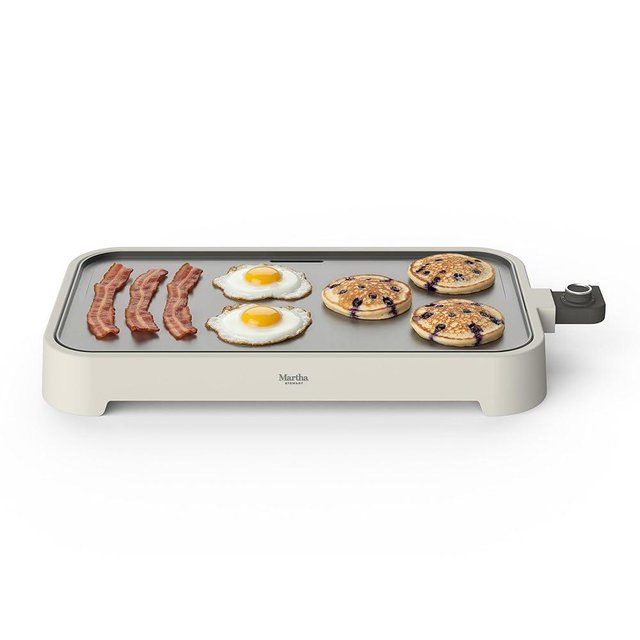 Martha Stewart 12” x 22” Electric Griddle, XL Ceramic Nonstick Flat Top Cooking Surface, Adjustable Temperature Dial, Drip Tray, Dishwasher Safe, 1500W Fast Even Heating, Pancakes & Eggs, Linen White