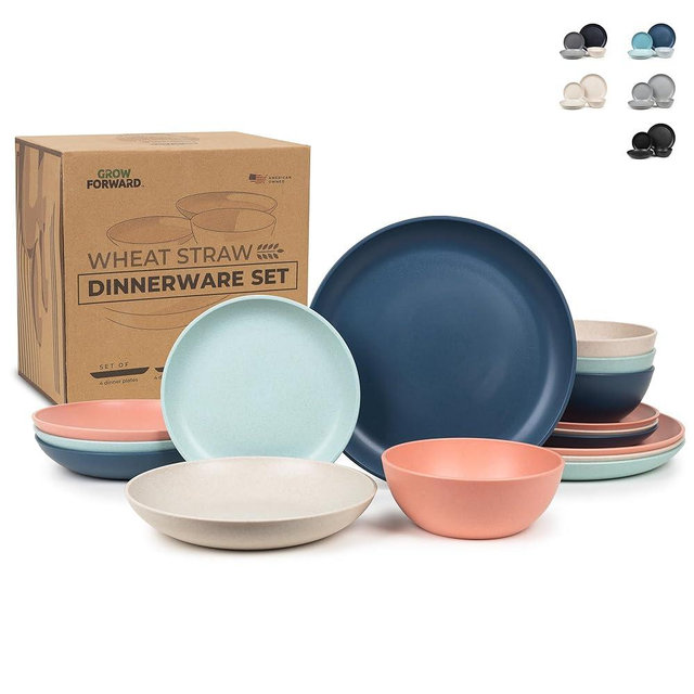 Grow Forward 16-piece Premium Wheat Straw Dinnerware Sets for 4 - Dinner Plates, Dessert Plates, Pasta Bowls, Cereal Bowls - Microwave Safe Plastic Plates and Bowls Sets, RV, Kitchen Dishes - Tropical
