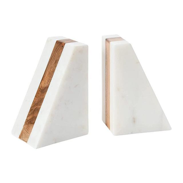 Main + Mesa Modern Boho Natural Marble and Wood Stripe Geometric Triangle Bookends; Set of 2 Decorative Accent Bookends for Living Room & Bedroom, White & Wood (EC0680)