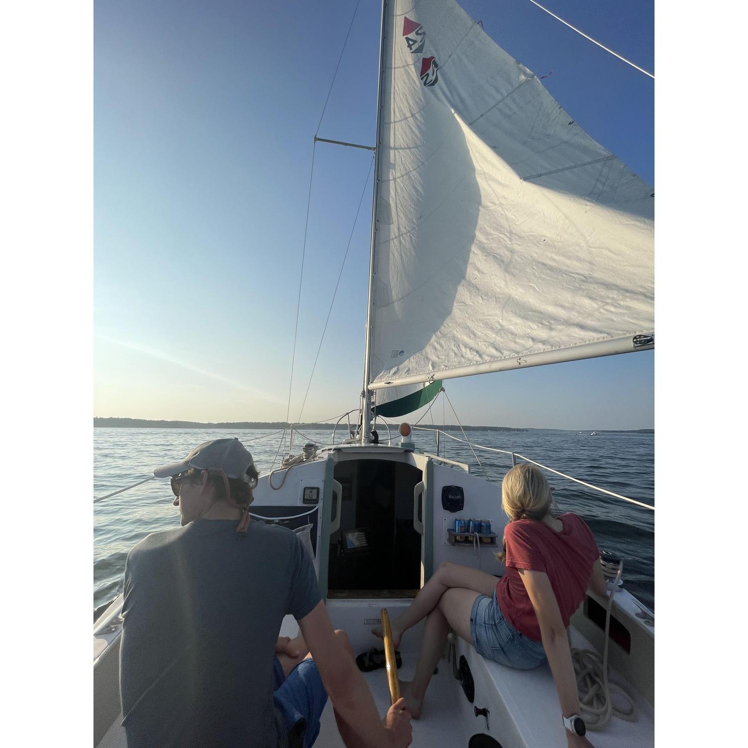 Sailing our boat, The Wayfarer, in Casco Bay