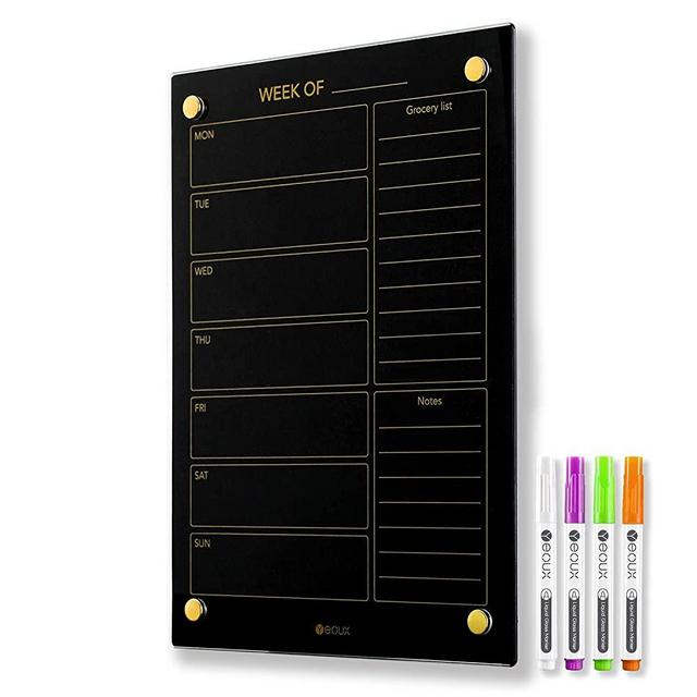 Drill-Free Mount Glass Golden Weekly Dry Erase Calendar & Menu Whiteboard for Wall, Meal Planning & Grocery Shopping List White Board for Kitchen & Home, 15x11", 4 Wet Erase Markers Included, Yeoux